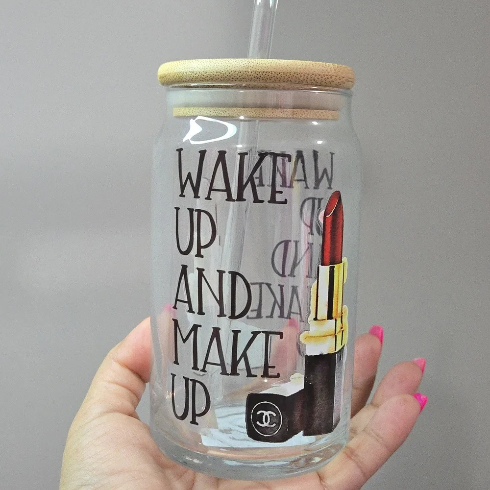 New Glass tumbler W Straw WAKE UP AND MAKE UP glass, CC Lipstick Print - Picture 1 of 2